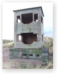 Bombing range observation tower built on top of a Second World War pillbox at Goswick, Northumberland