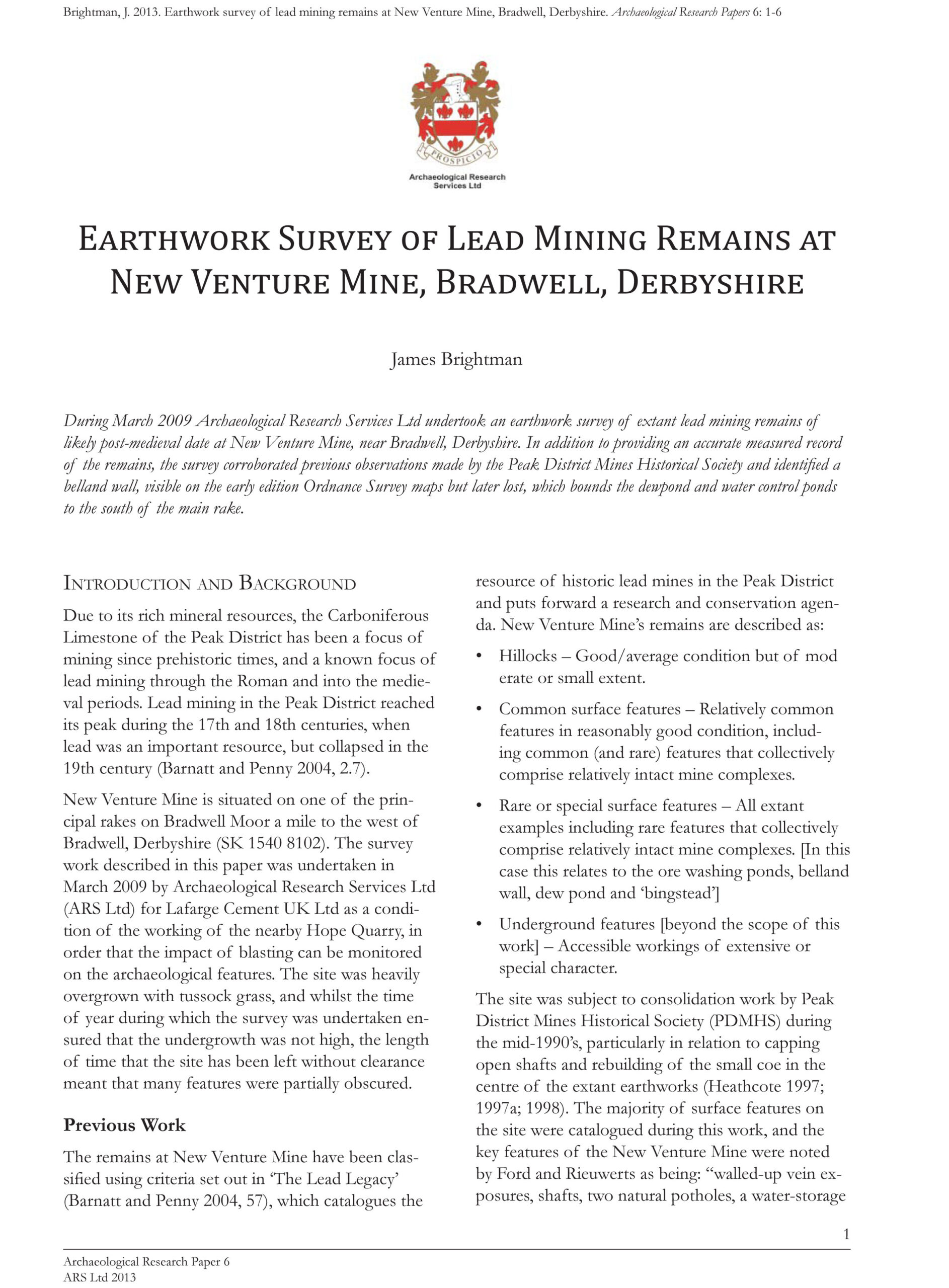 Earthwork Survey of Lead Mining Remains at New Venture Mine, Bradwell