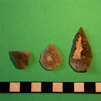 From left to right, a chisel arrowhead, a leaf shaped arrowhead and a spear point that were found at Lanton Quarry. © Copyright ARS Ltd 2018