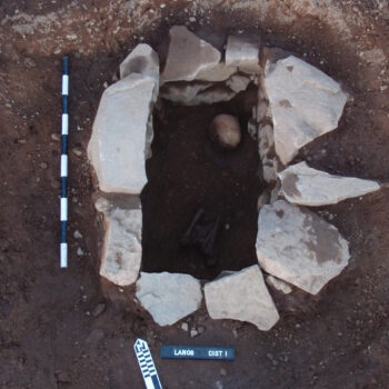 This stone-built, corbelled cist had been constructed to hold the skull and leg bones of an adult female. © Copyright ARS Ltd 2018