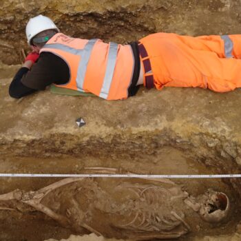 Dave carefully excavating one of the medieval burials. © Copyright ARS Ltd