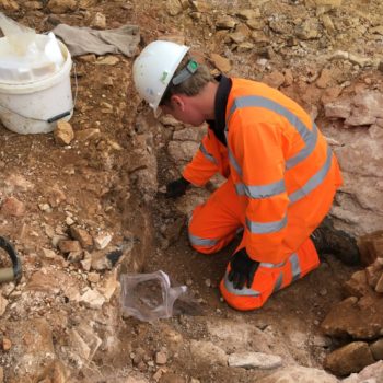 In this photograph our palaeoenvironmental specialist is taking samples. These will be taken back to the lab and analysed to see what more we can find out about the site. © Copyright ARS Ltd 2020.