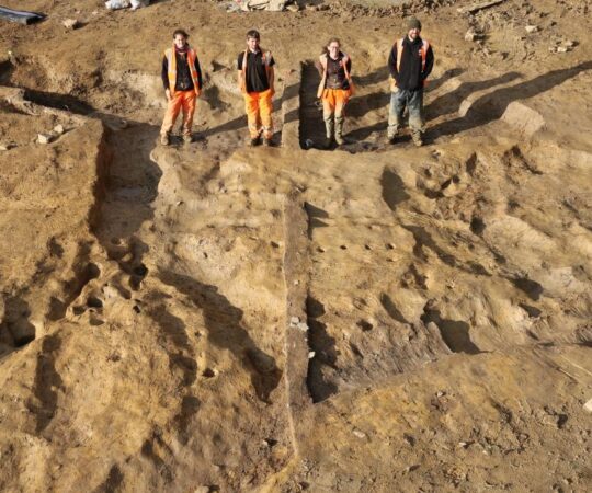 A high angle shot of ARS Staff standing in the fully excavated stone and timber building © Copyright ARS Ltd 2022