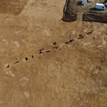 Aerial view of a section of the Late Bronze Age/Iron Age pit alignment during construction © Copyright ARS Ltd 2023