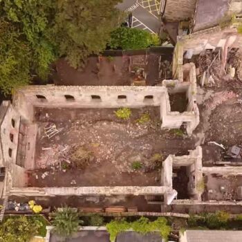 Aerial view of the ruinous former chapel © Copyright ARS Ltd 2023