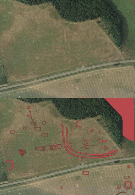 Comparison of features visible at Yeavering in Google Earth imagery with features mapped using aerial photographs as part of the Northern Cheviots AI&M project. (© ARS Ltd 2024, Google Earth).