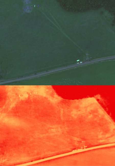 Comparison of features visible at Yeavering in RGB and thermal composite imagery. (© ARS Ltd 2024).