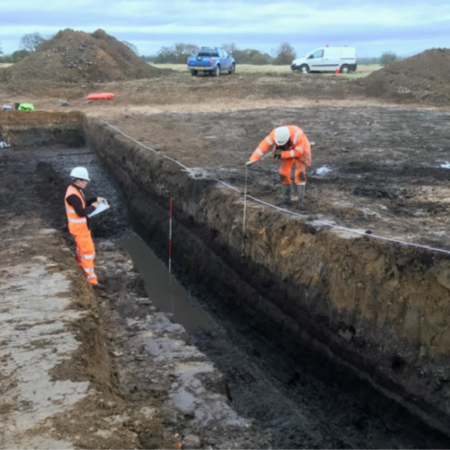 View of section at Killerby Quarry showing a well-preserved and sealed stratigraphic sequence during recording and sampling of the deposits (© ARS Ltd 2024)