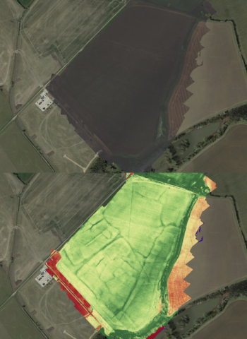 Comparison of features visible at Lower Radbourne RGB and Multispectral composite imagery. (© ARS Ltd, Google Earth).